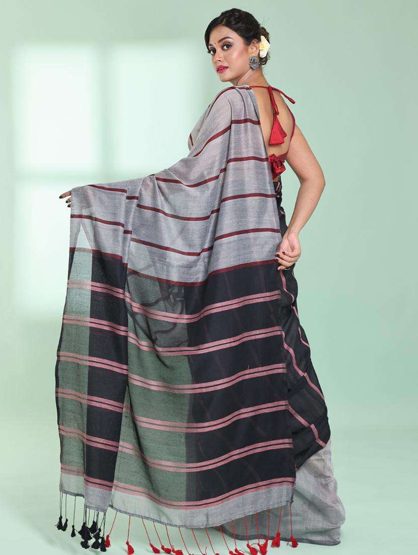 women striped handloom saree with blouse - 22042722 -  Standard Image - 1