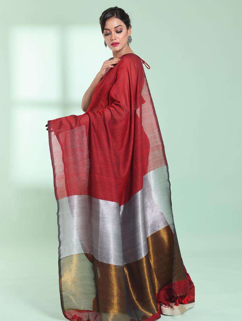 women solid handloom saree with blouse - 22042750 -  Standard Image - 1