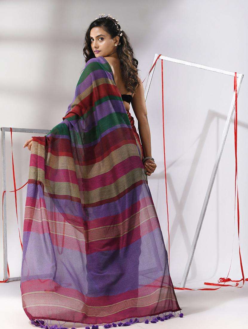 women striped handloom saree with blouse - 22042751 -  Standard Image - 1