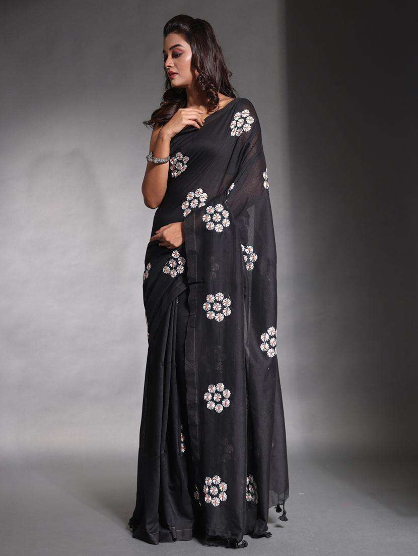 women solid with work embroidered saree with blouse