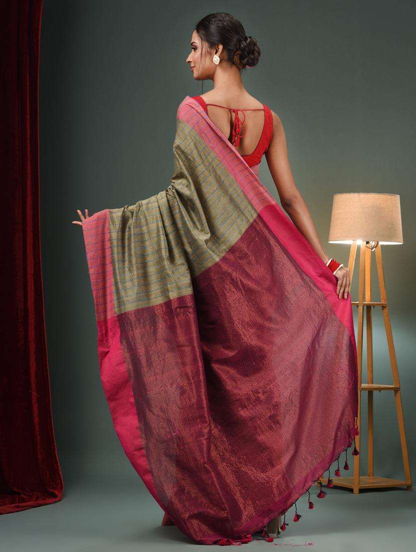 women striped handloom saree with blouse - 22043123 -  Standard Image - 1