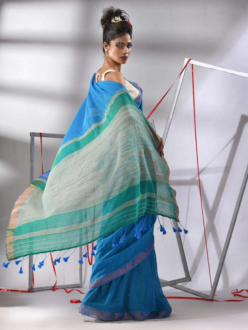 women blue handloom saree with blouse - 22043334 -  Standard Image - 1