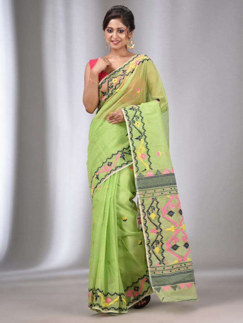 green cotton kanjivaram saree with blouse