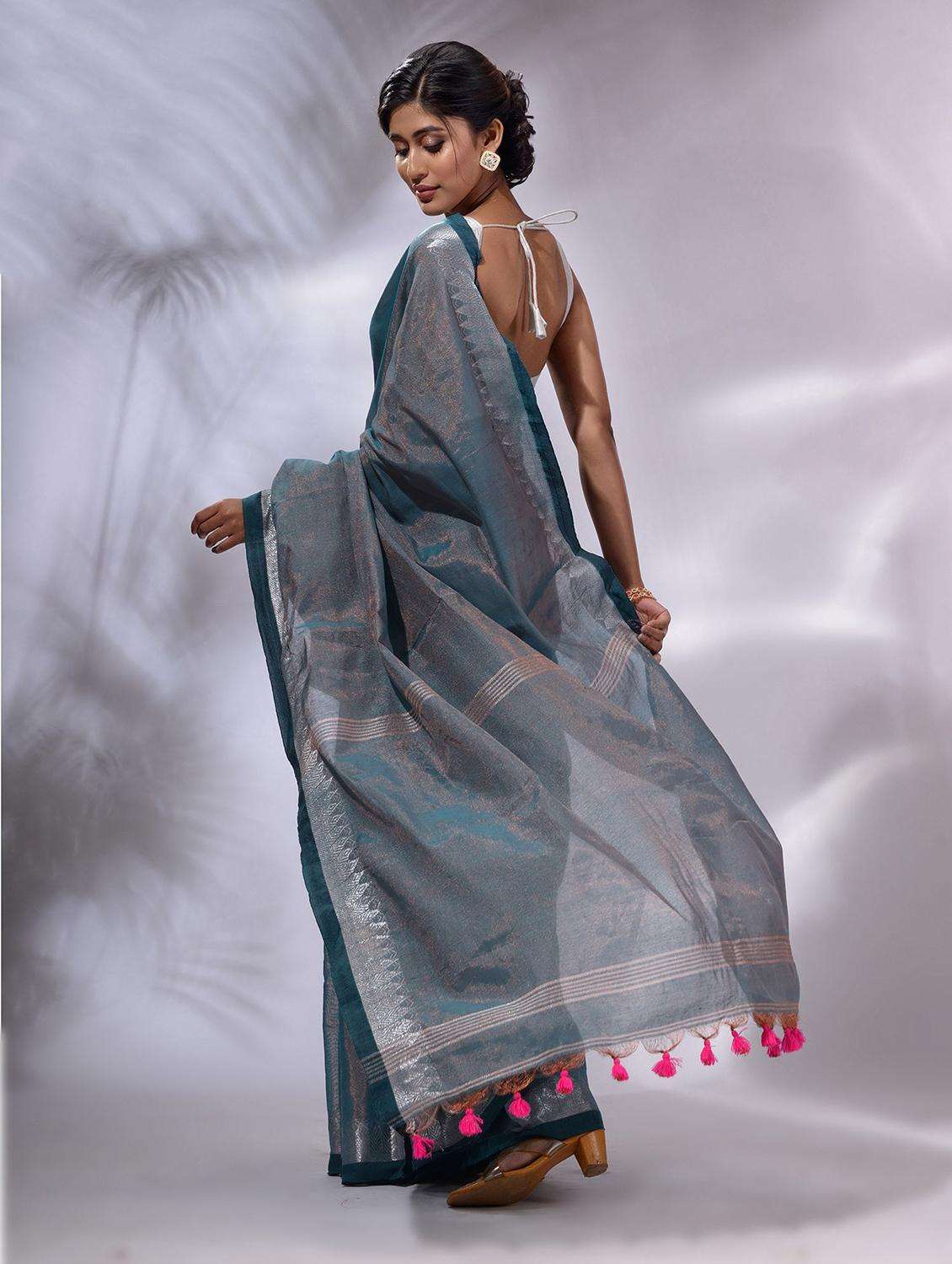 women teal handloom saree with blouse - 22043776 -  Standard Image - 1