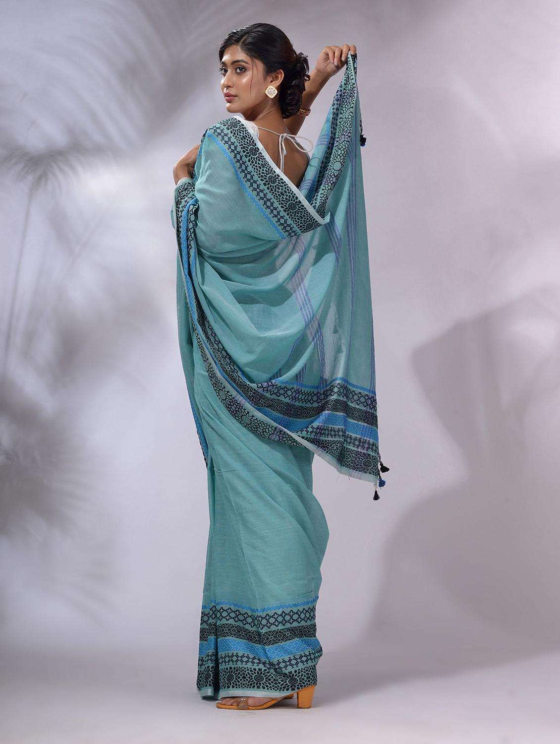 women teal handloom saree with blouse - 22043830 -  Standard Image - 1