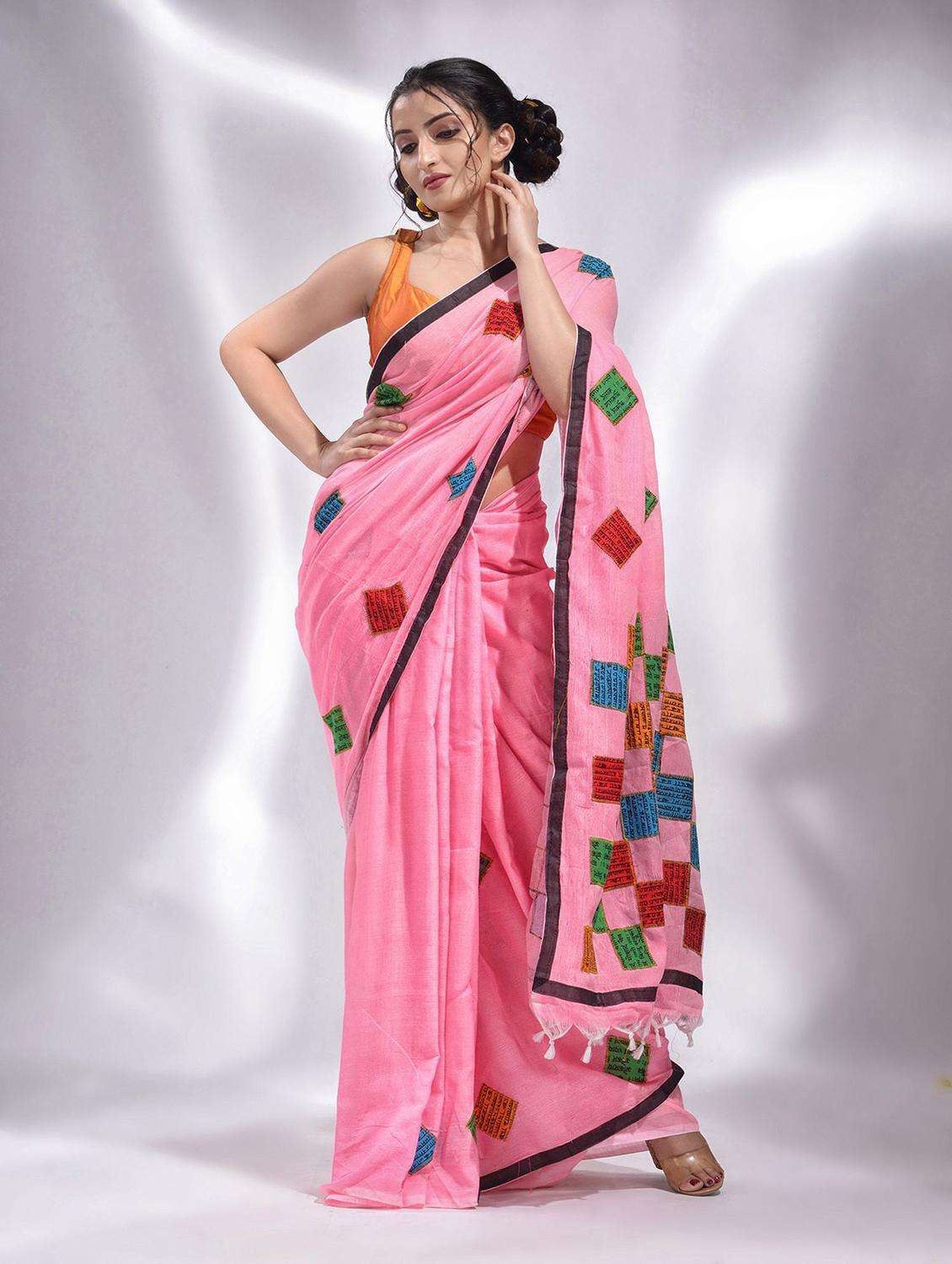 women solid with work handloom saree with blouse