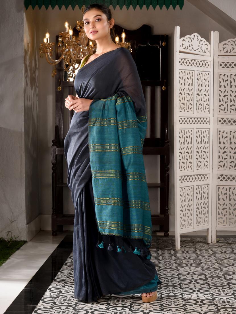 women solid handloom saree with blouse - 22044113 - Standard Image - 1