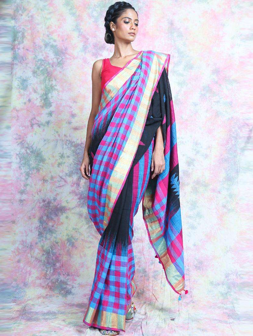 women checkered handloom saree with blouse