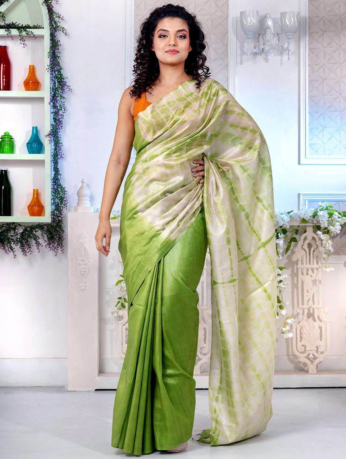 women shibori printed half & half saree with blouse