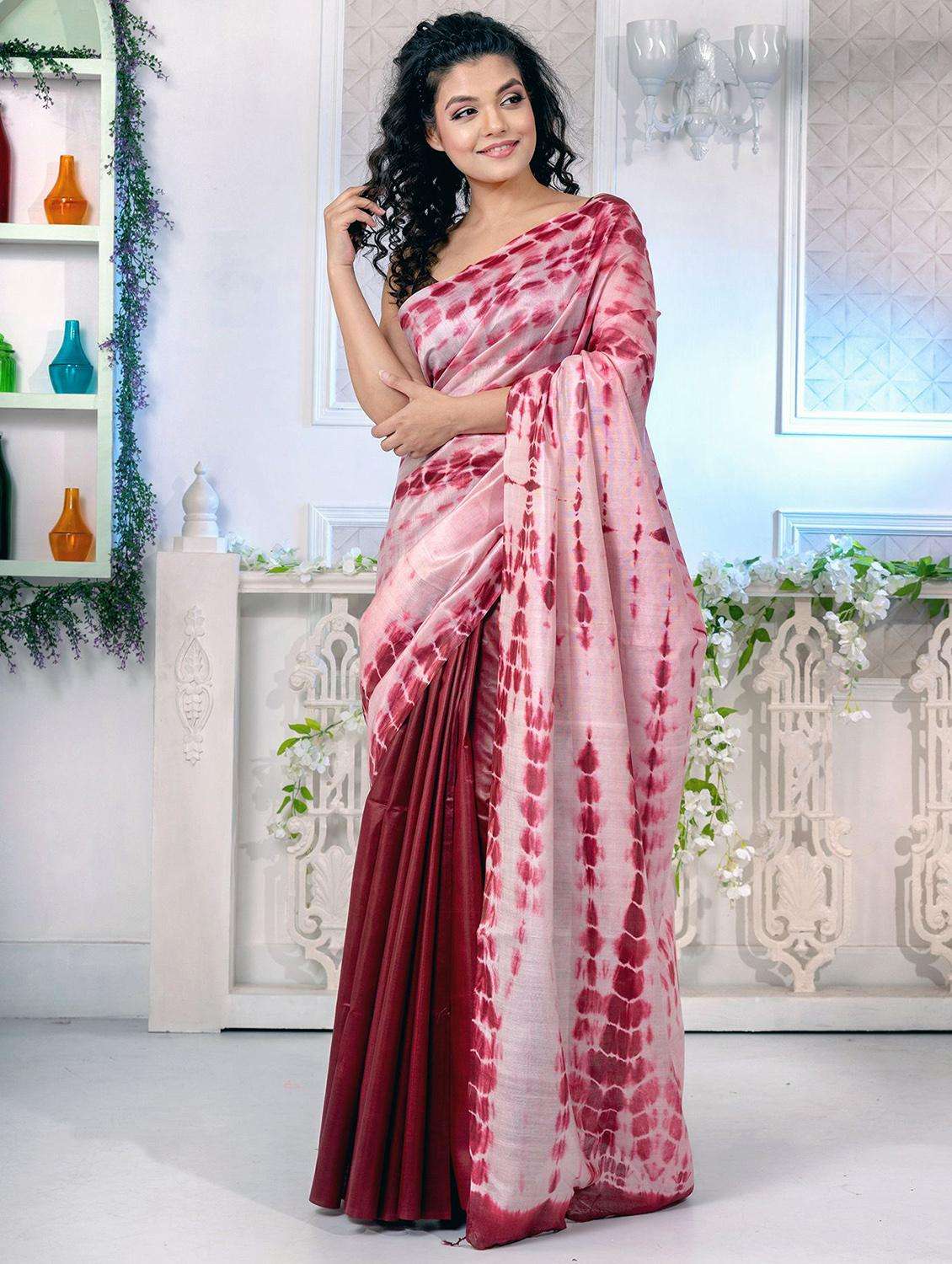 women shibori printed half & half saree with blouse