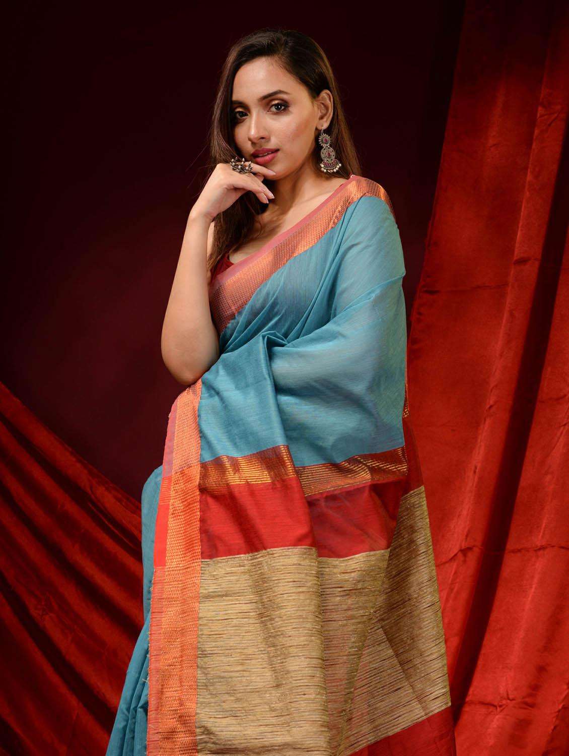 women solid with bordered saree with blouse - 22046029 -  Standard Image - 1