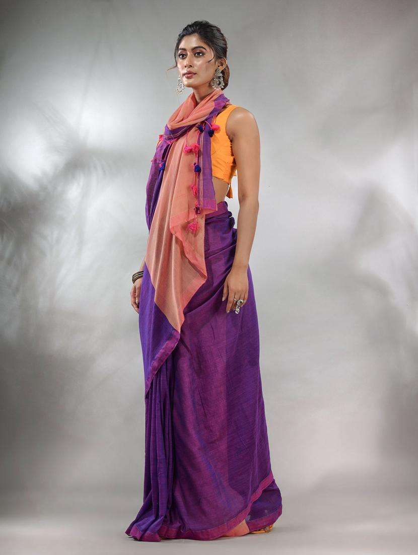 women solid handloom saree with blouse - 22046061 -  Standard Image - 1