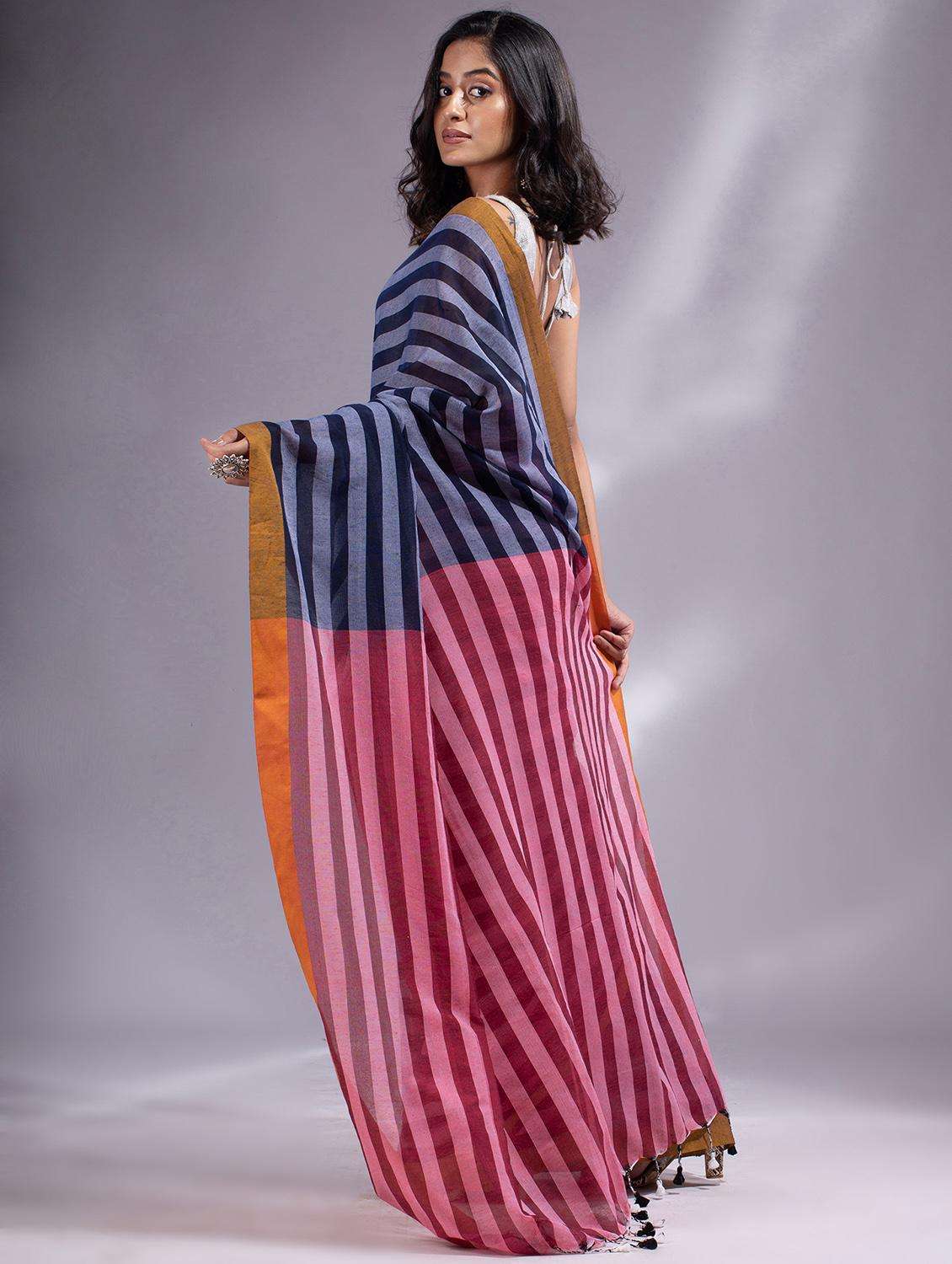 women striped handloom saree with blouse - 22046132 -  Standard Image - 1