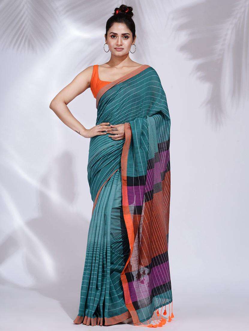 women striped handloom saree with blouse
