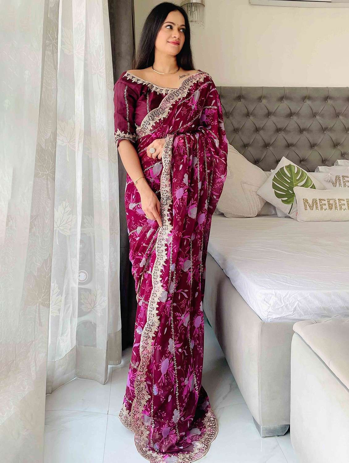 women floral printed embroidered saree with blouse