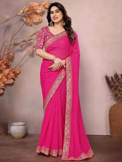 women leheriya printed bordered saree with blouse - 22047940 -  Standard Image - 0
