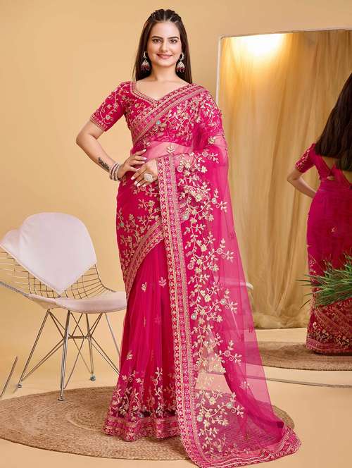 women solid with work embroidered saree with blouse - 22047956 - Standard Image - 0