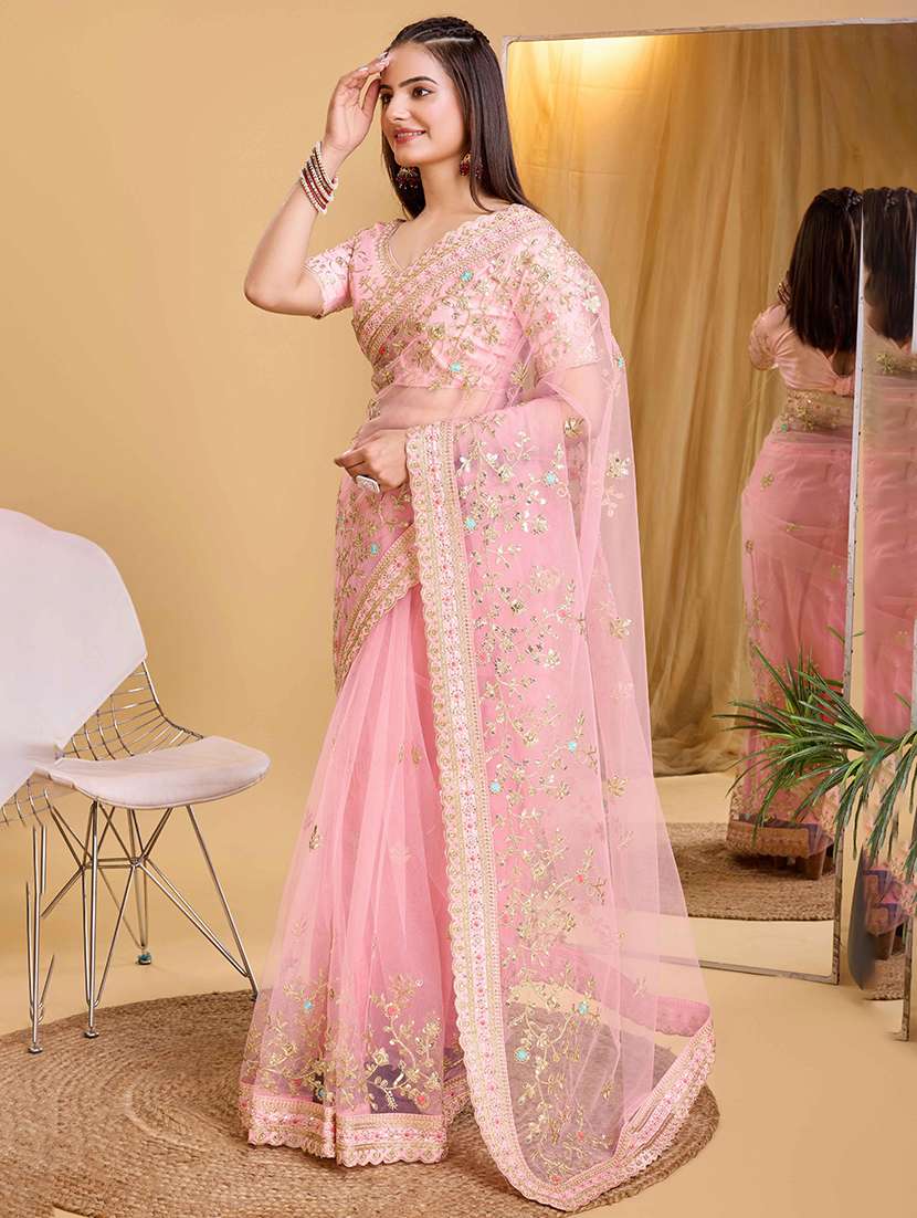women solid with work embroidered saree with blouse - 22047958 -  Standard Image - 1