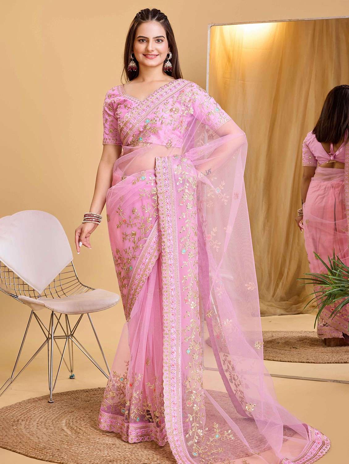 women solid with work embroidered saree with blouse