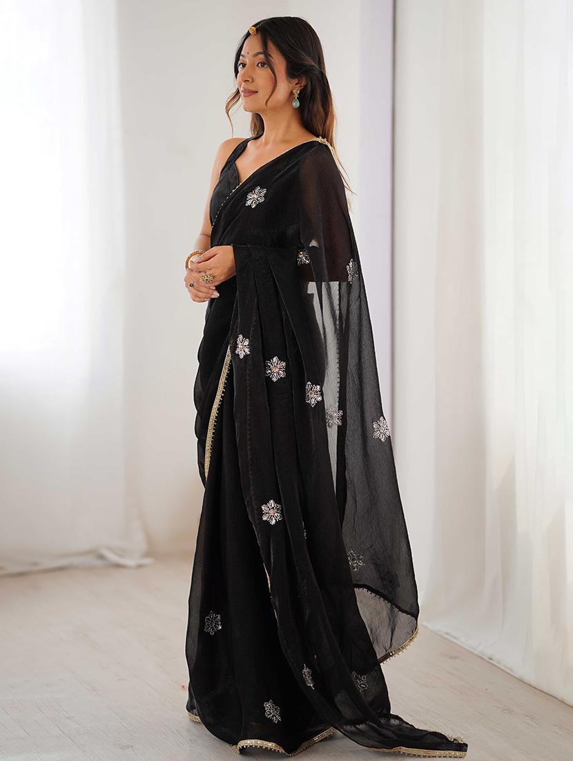 women solid with work embellished saree with blouse - 22047996 - Standard Image - 1