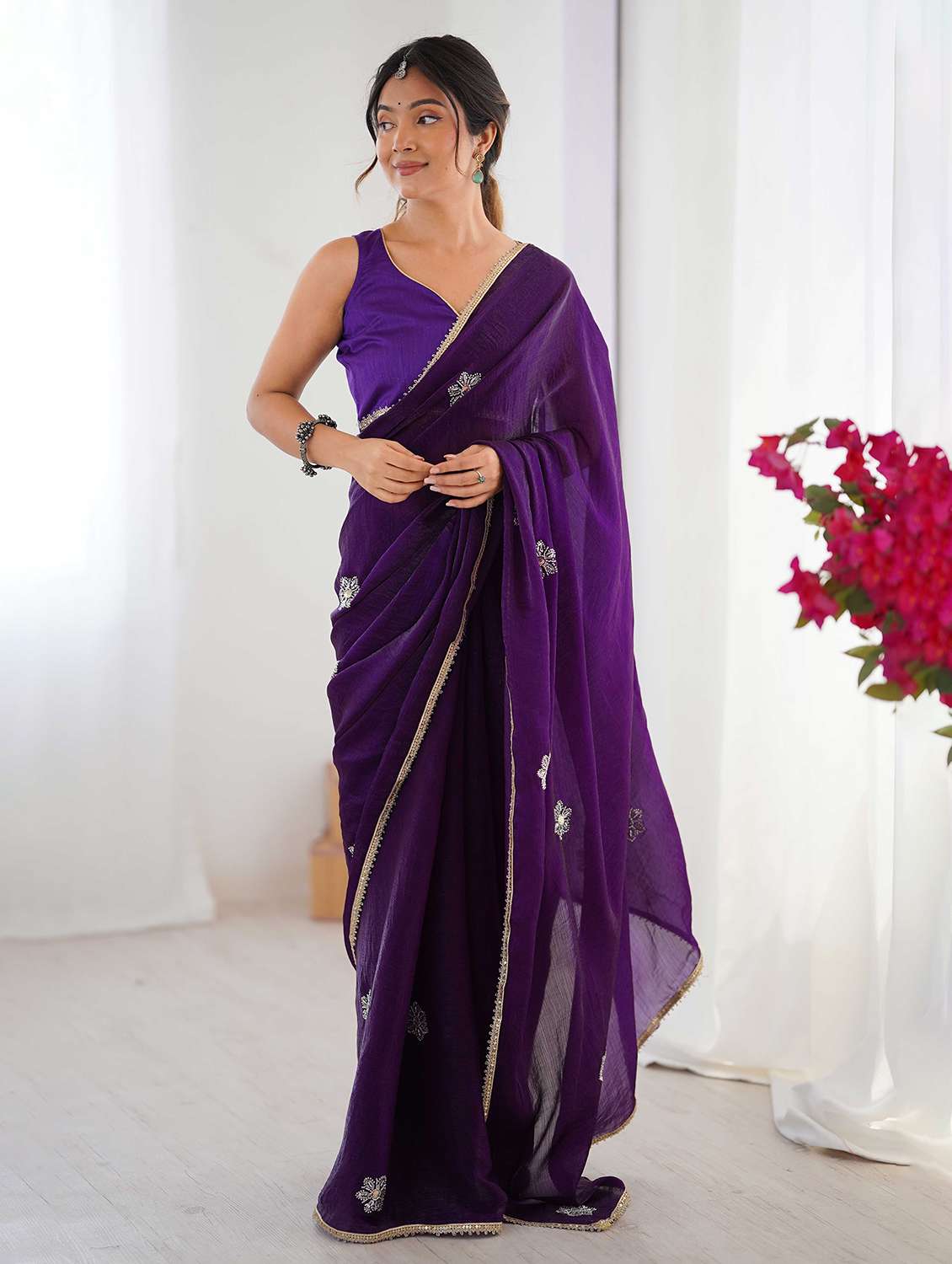 women solid with work embellished saree with blouse