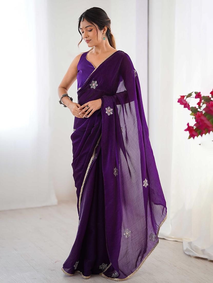 women solid with work embellished saree with blouse - 22047998 - Standard Image - 1