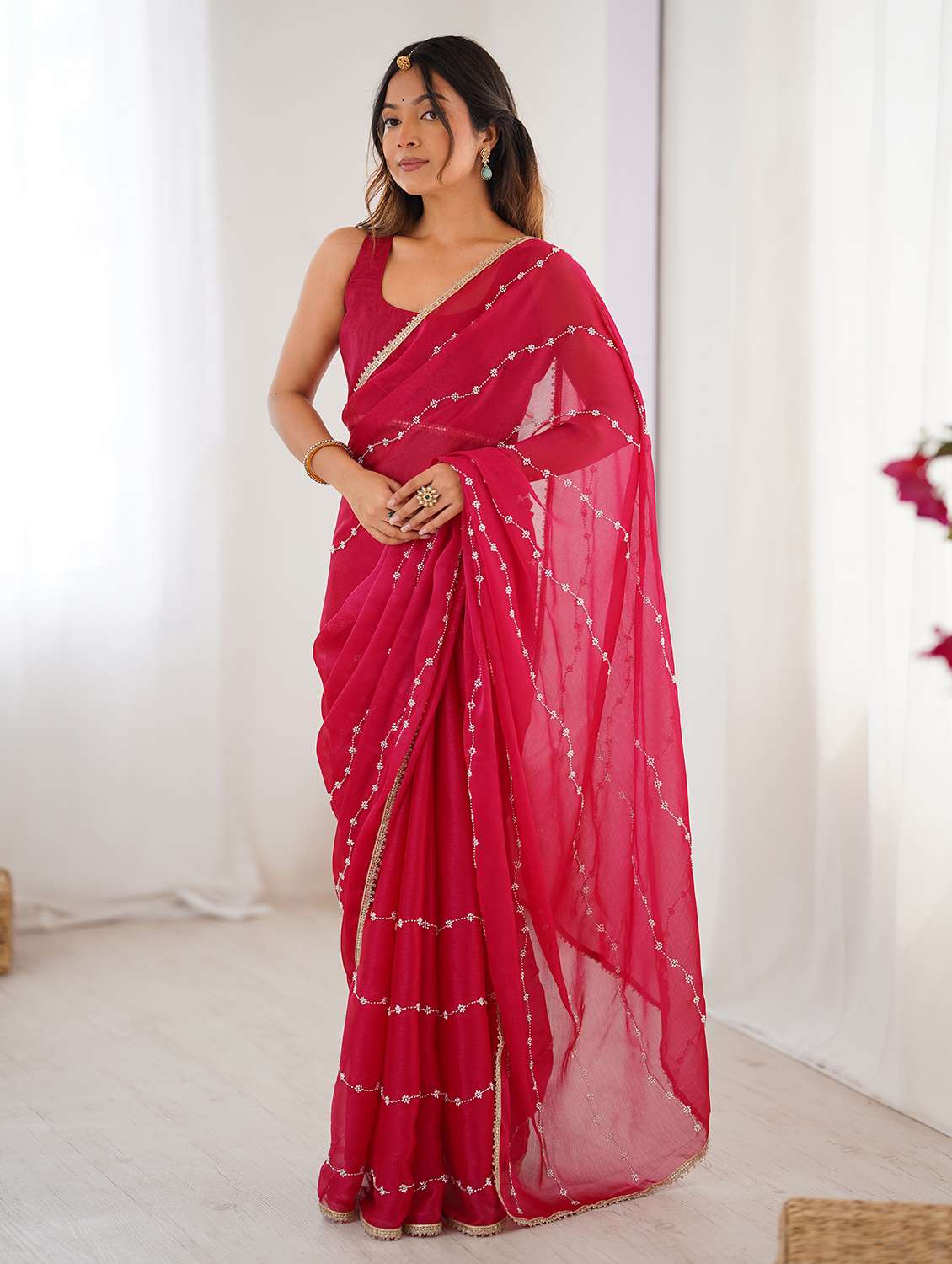 women solid with work embellished saree with blouse