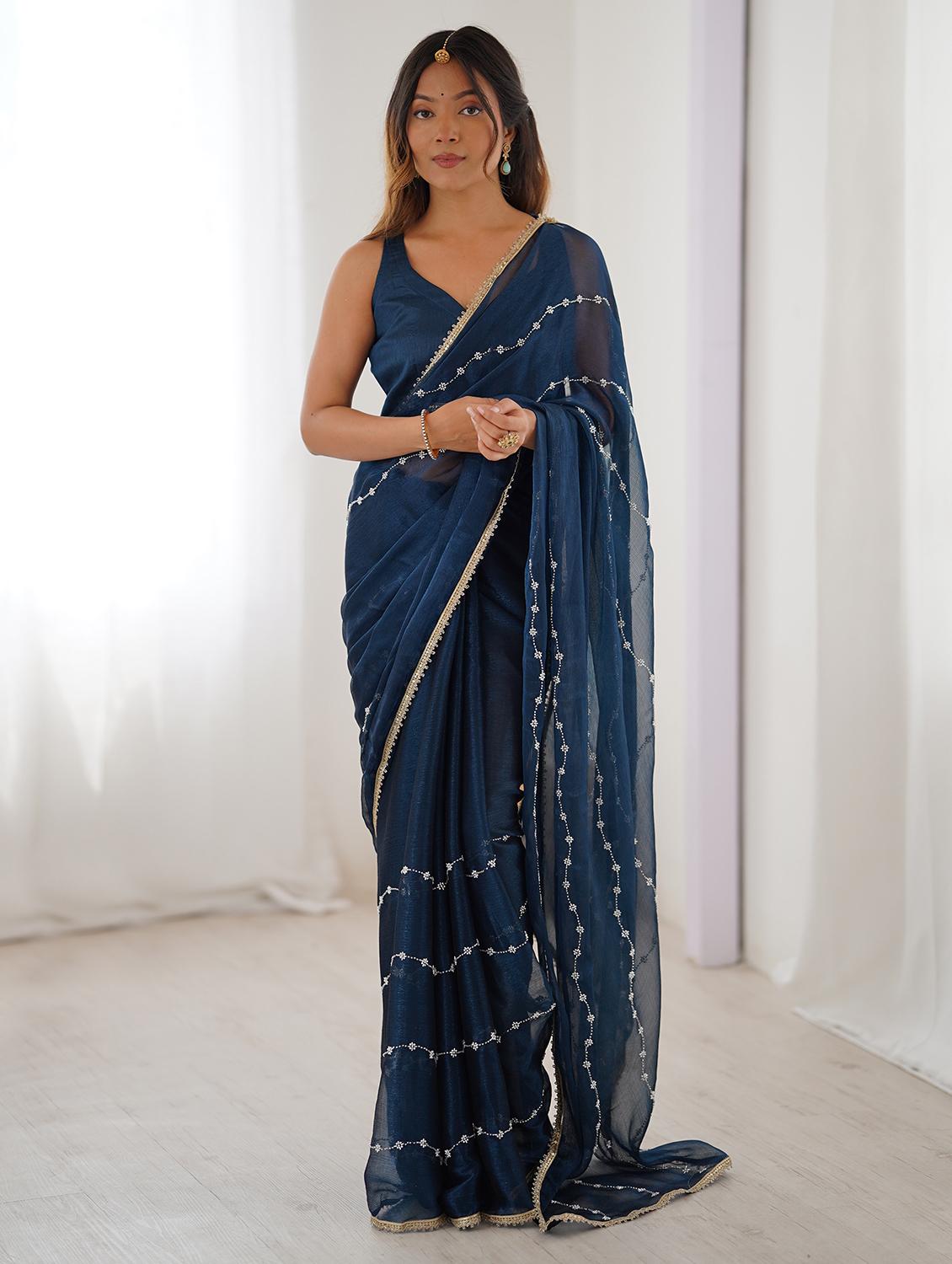 women solid with work embellished saree with blouse - 22048004 - Standard Image - 1