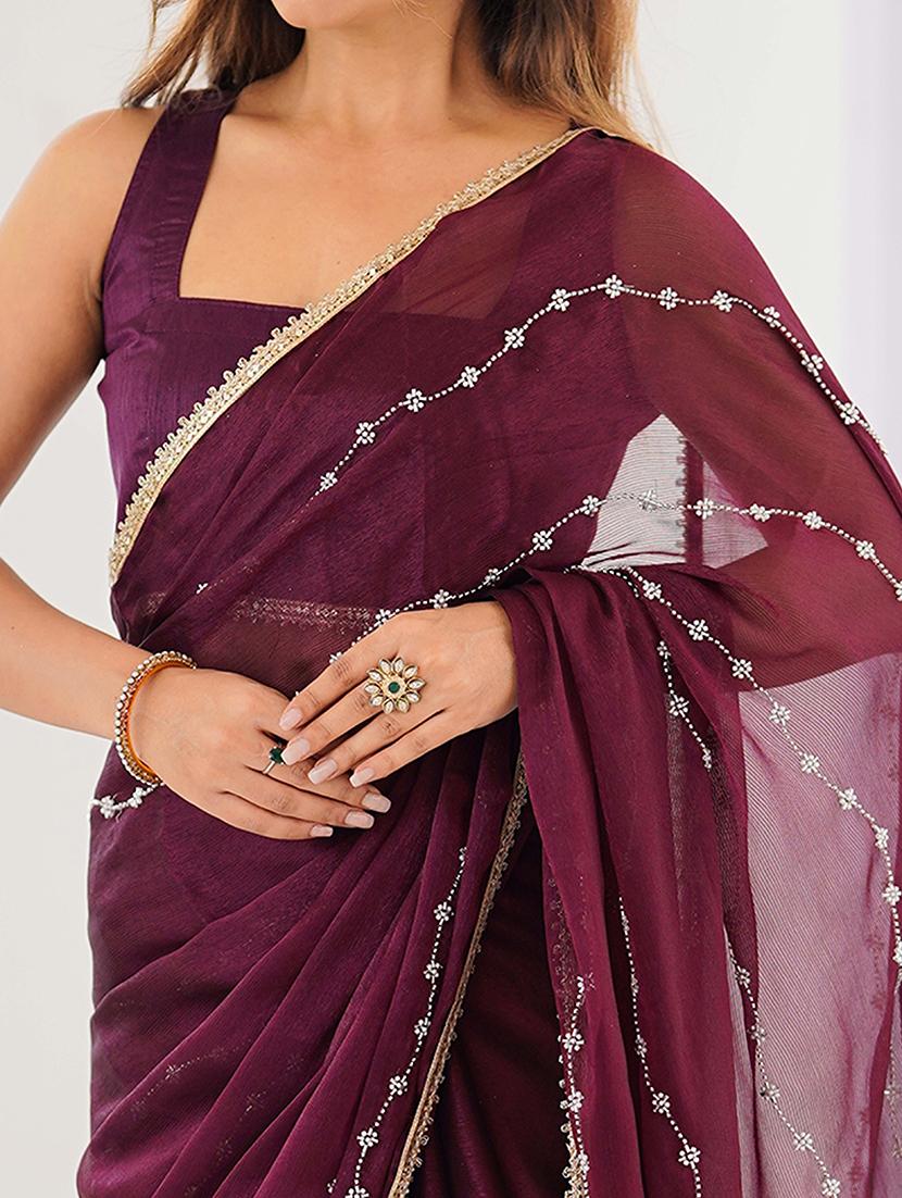 women solid with work embellished saree with blouse - 22048006 - Standard Image - 4
