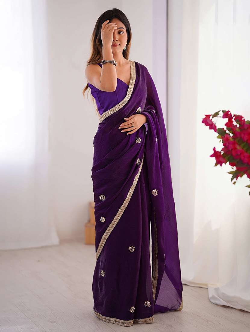 Women Solid With Work Embellished Saree With Blouse - 22048009 -  Standard Image - 1