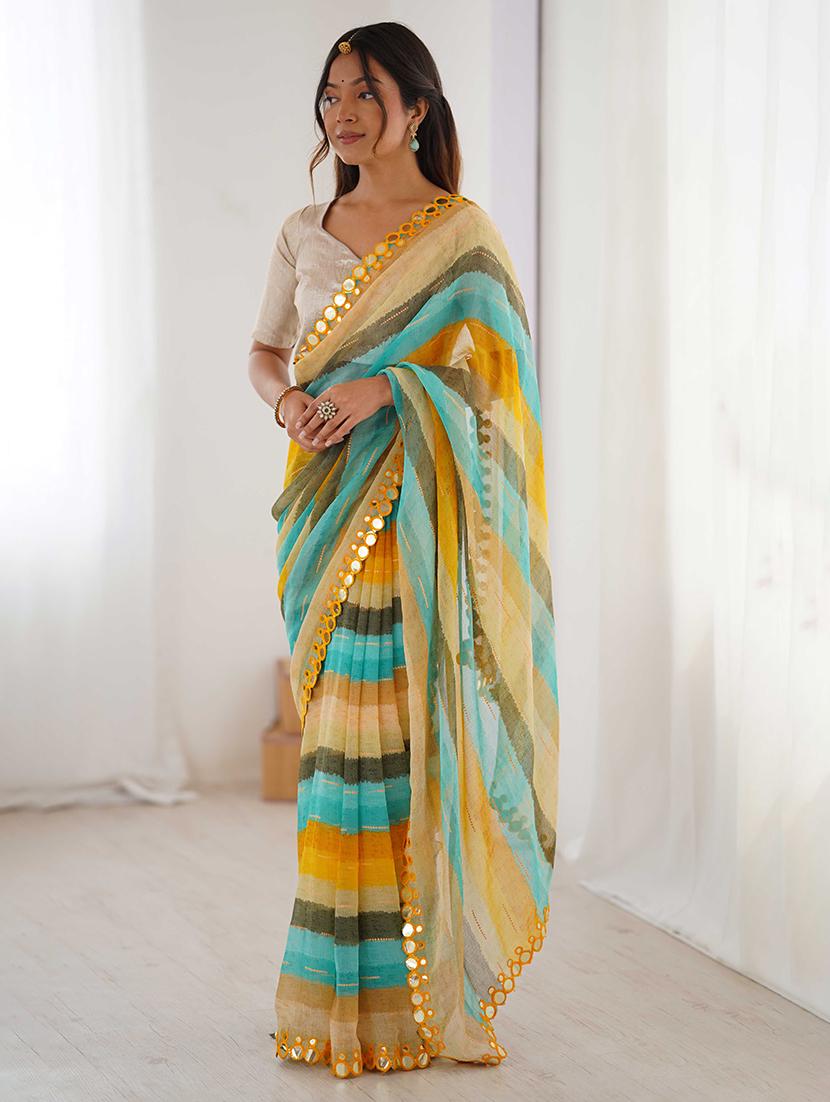 women striped printed saree with blouse - 22048015 - Standard Image - 1
