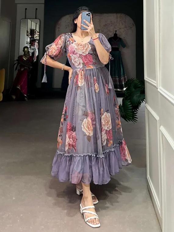 women floral print puff sleeve tiered dress - 22048028 - Standard Image - 1