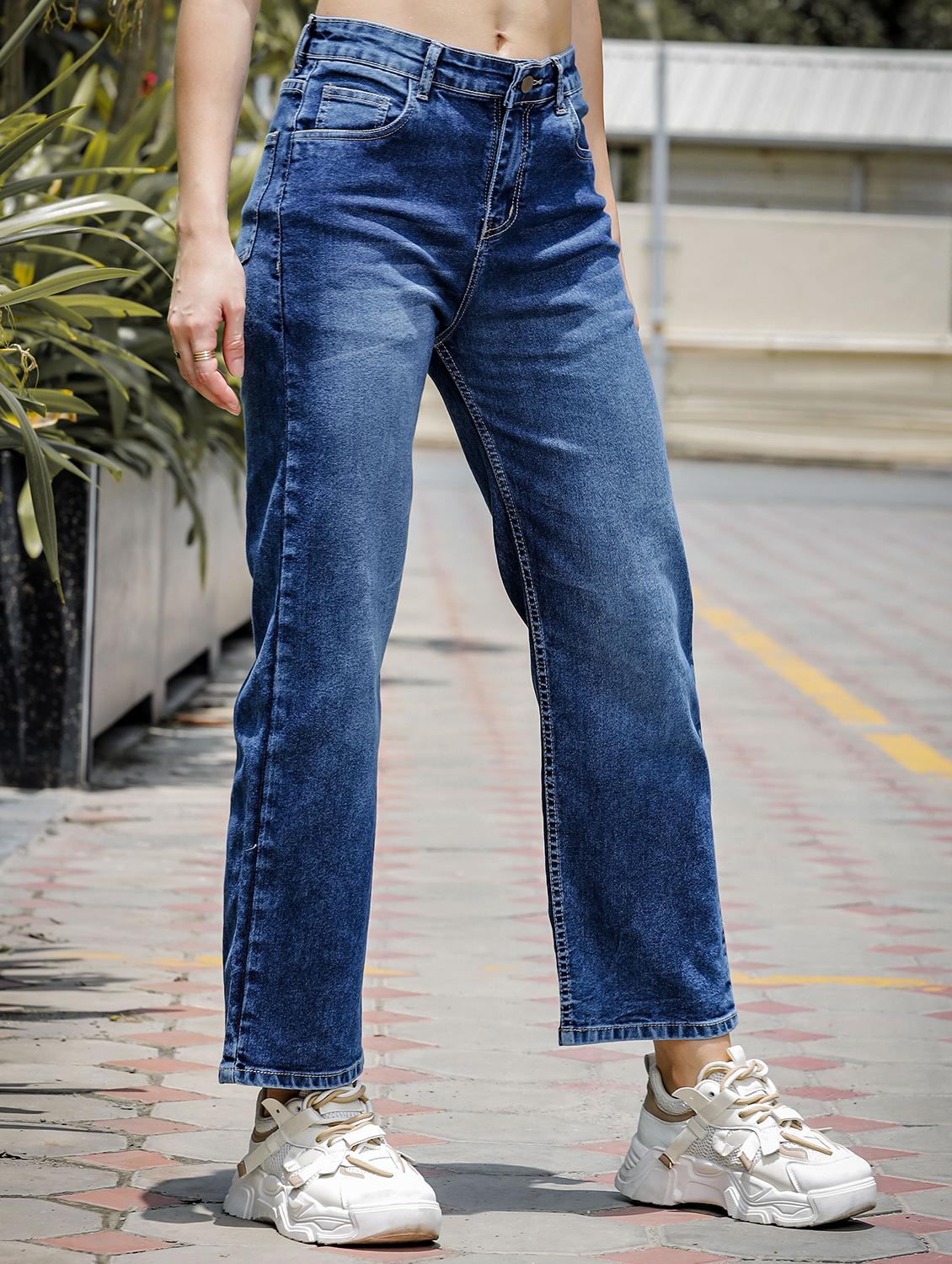 women solid high rise staright fit jeans - 22048063 - Standard Image - 1