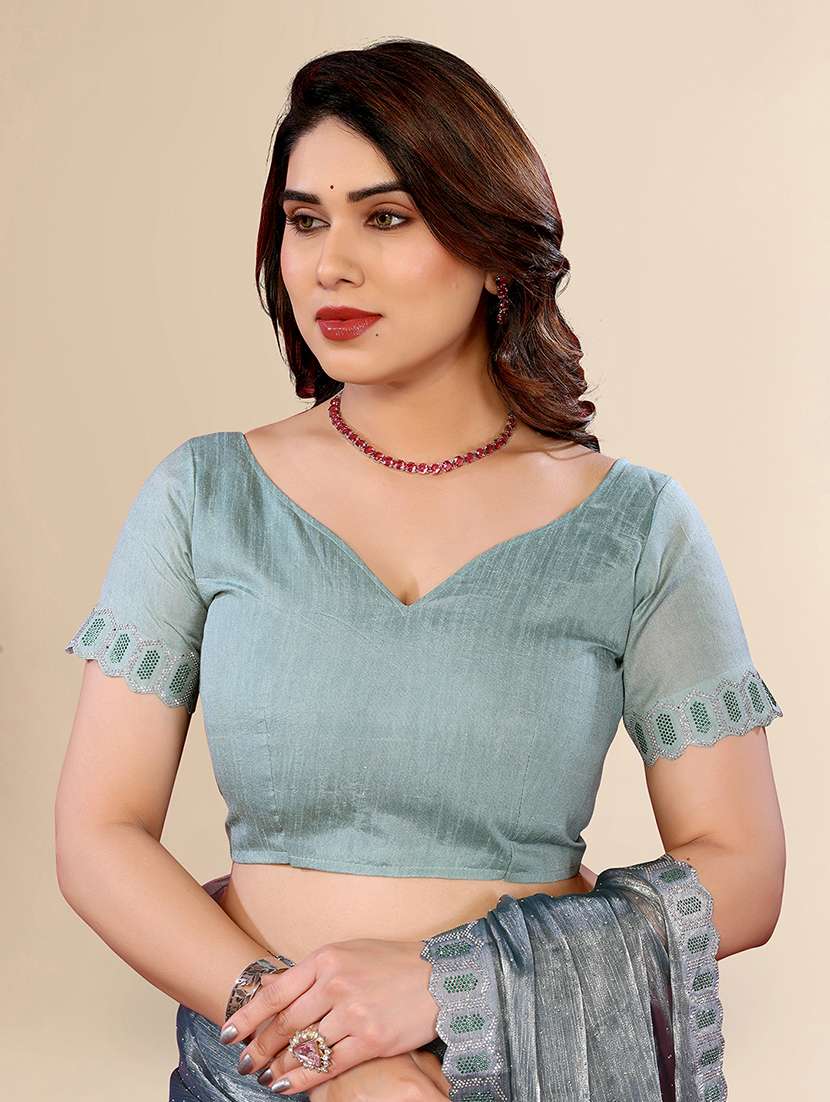 women solid with work embellished saree with blouse - 22048090 -  Standard Image - 4