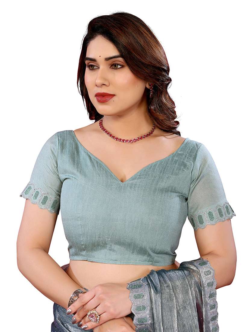 women solid with work embellished saree with blouse - 22048108 -  Standard Image - 4