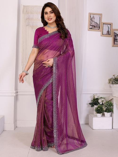 women solid with work embellished saree with blouse - 22048151 - Standard Image - 0