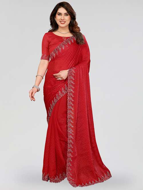 women solid with work embellished saree with blouse - 22048221 - Standard Image - 0