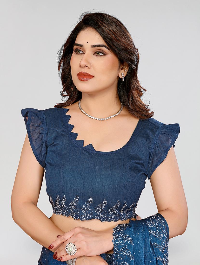 women solid with work embellished saree with blouse - 22048226 - Standard Image - 4