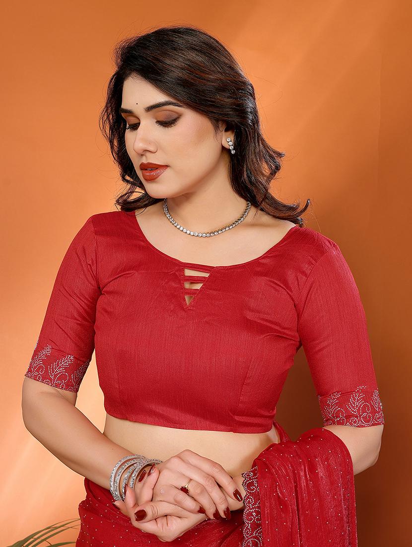 women solid with work embellished saree with blouse - 22048233 - Standard Image - 4