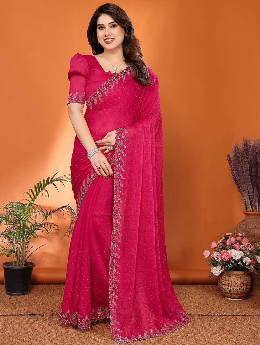 women solid with work embellished saree with blouse