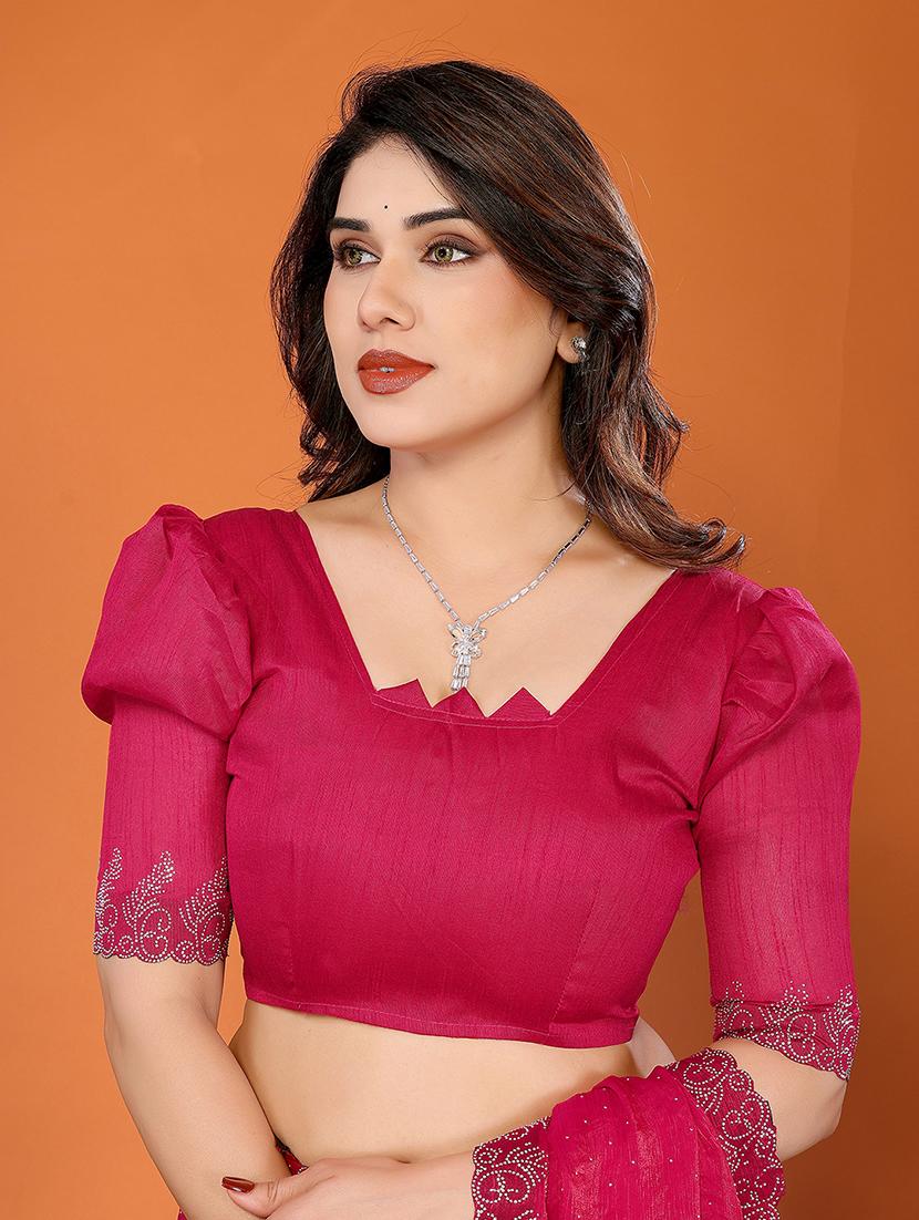women solid with work embellished saree with blouse - 22048235 - Standard Image - 4