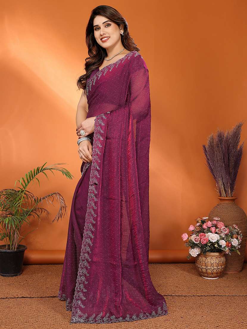 women solid with work embellished saree with blouse - 22048236 - Standard Image - 1