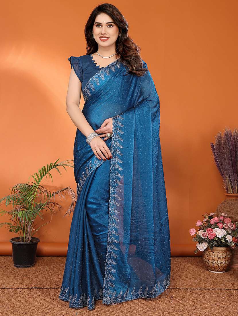 women solid with work embellished saree with blouse - 22048238 - Zoom Image - 0