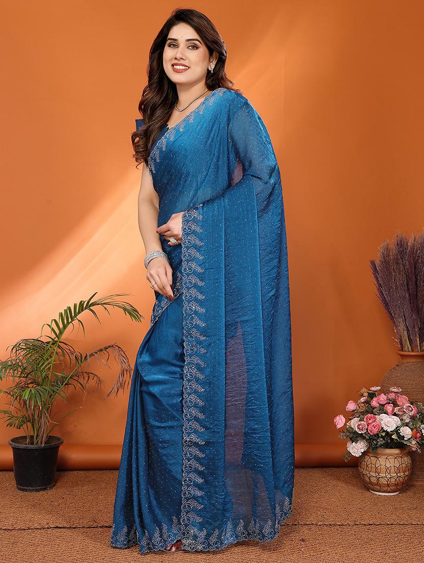 women solid with work embellished saree with blouse - 22048238 - Standard Image - 1