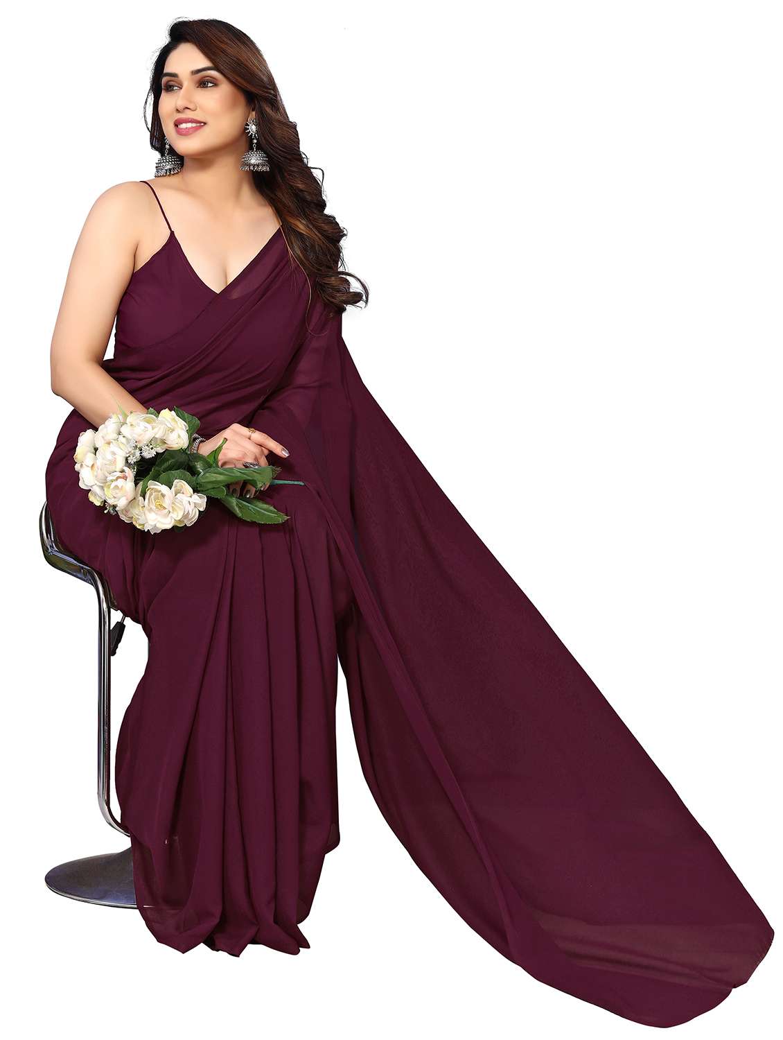 women solid plain saree with blouse - 22048254 -  Standard Image - 1