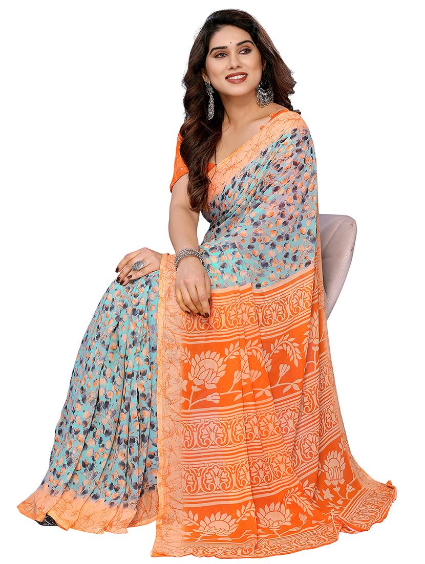 orange georgette printed saree with blouse - 22048363 - Standard Image - 1