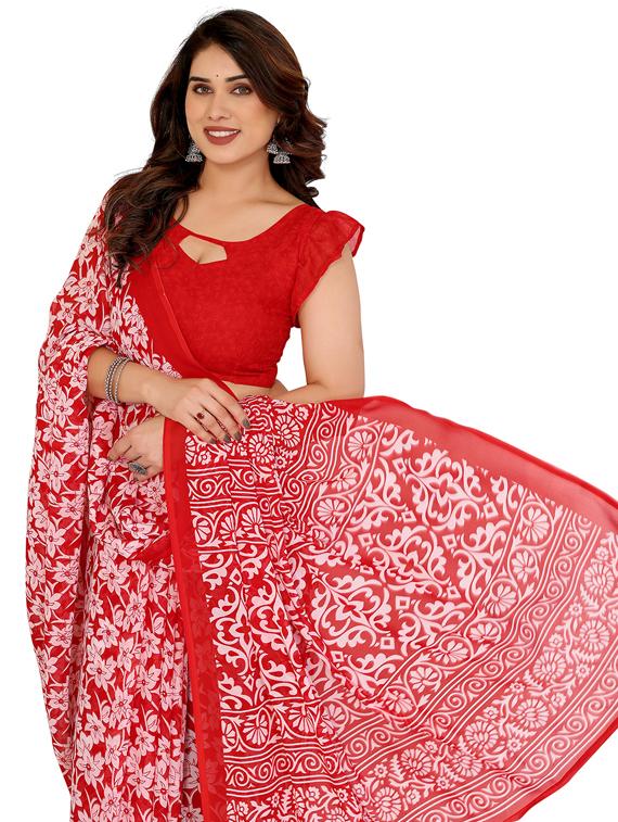 red georgette printed saree with blouse - 22048399 - Standard Image - 4