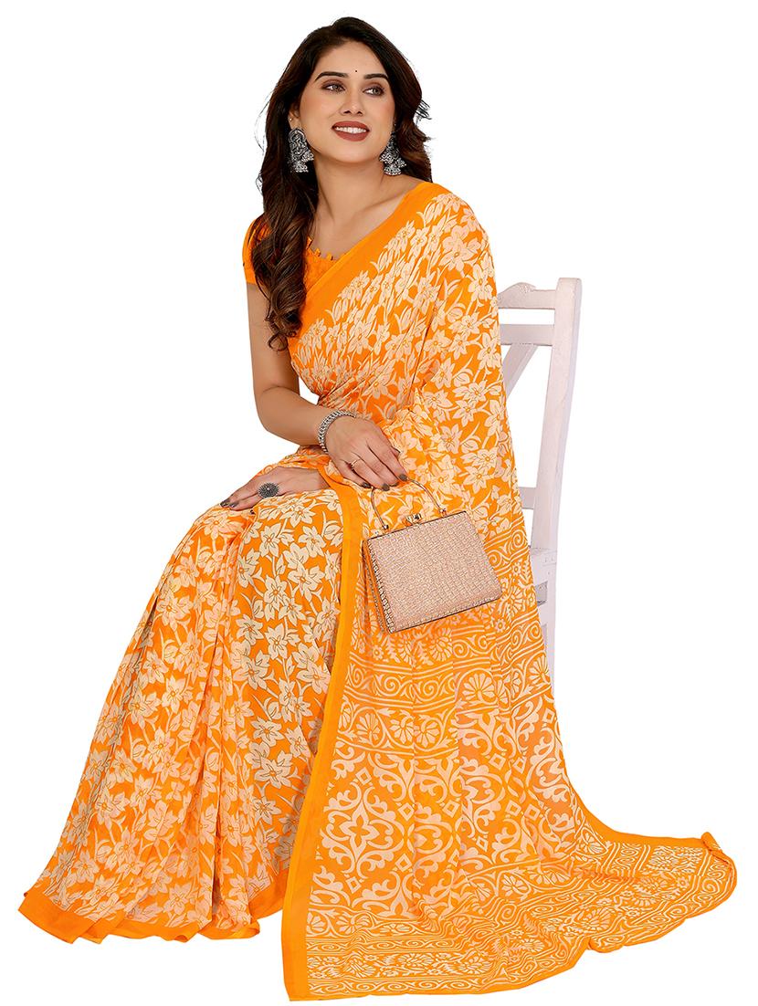 yellow georgette printed saree with blouse - 22048400 - Standard Image - 1