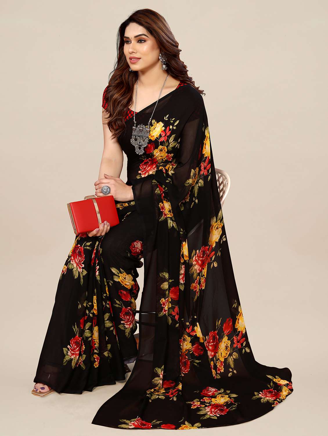 women printed casual wear saree with blouse - 22049365 -  Standard Image - 4