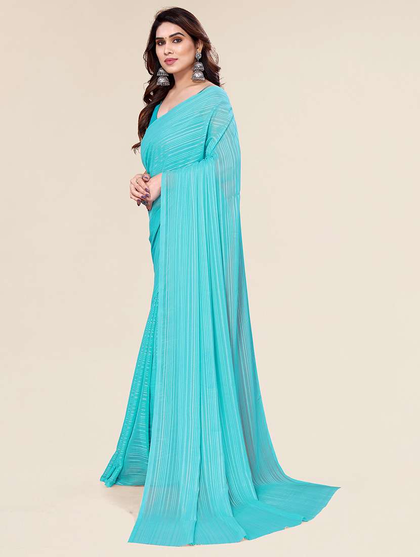 women striped plain saree with blouse - 22050038 -  Standard Image - 1